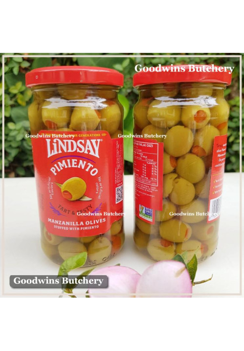 Pickle olive GREEN MANZANILLA OLIVE stuffed with PIMIENTO tart & zesty LINDSAY Spain dr. wt. 7oz 198g (standard size)